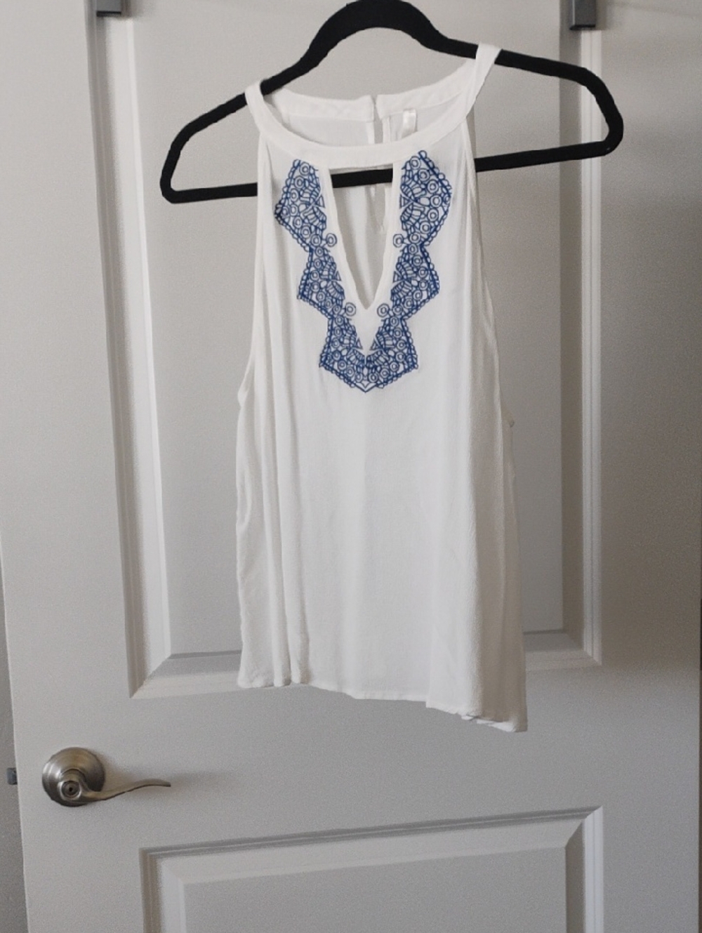 fun 2 fun White Tank Top with Blue Embroidered V-Neck